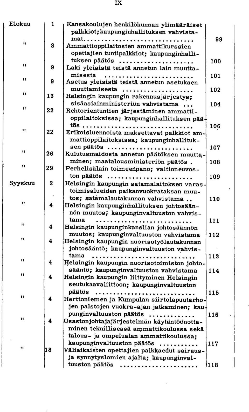 .......... 102 Helsingin kaupungin rakennusjärjestys; sisäasiainministeriön vahvistama 104 Rehtorientuntien järjestäminen ammattioppilaitoksissa; kaupunginhallituksen pää tös.