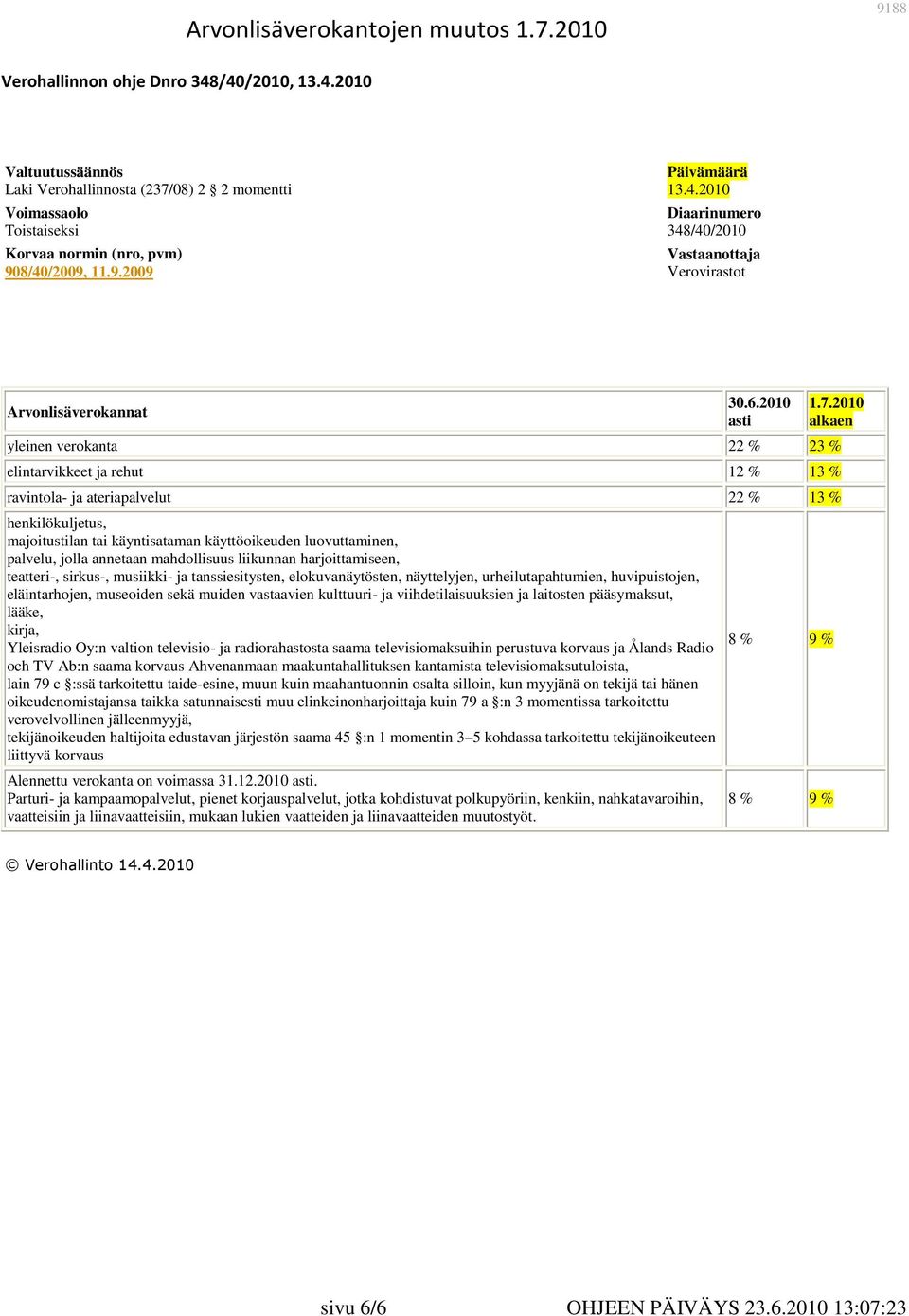 6.2010 asti yleinen verokanta 22 % 23 % elintarvikkeet ja rehut 12 % 13 % ravintola- ja ateriapalvelut 22 % 13 % henkilökuljetus, majoitustilan tai käyntisataman käyttöoikeuden luovuttaminen,