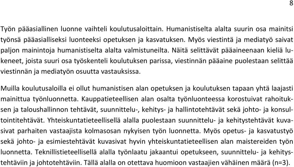 Näitä selittävät pääaineenaan kieliä lukeneet, joista suuri osa työskenteli koulutuksen parissa, viestinnän pääaine puolestaan selittää viestinnän ja mediatyön osuutta vastauksissa.