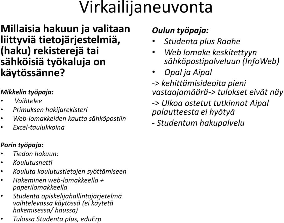 Hakeminen web-lomakkeella + paperilomakkeella Studenta opiskelijahallintojärjetelmä vaihtelevassa käytössä (ei käytetä hakemisessa/ haussa) Tulossa Studenta plus, eduerp