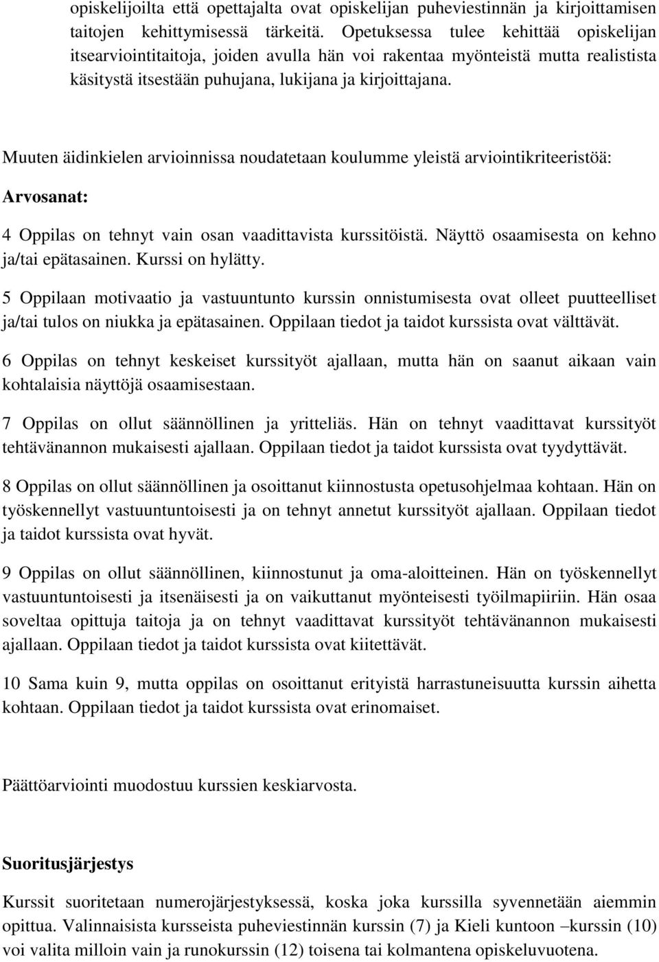 Muuten äidinkielen arvioinnissa noudatetaan koulumme yleistä arviointikriteeristöä: Arvosanat: 4 Oppilas on tehnyt vain osan vaadittavista kurssitöistä. Näyttö osaamisesta on kehno ja/tai epätasainen.