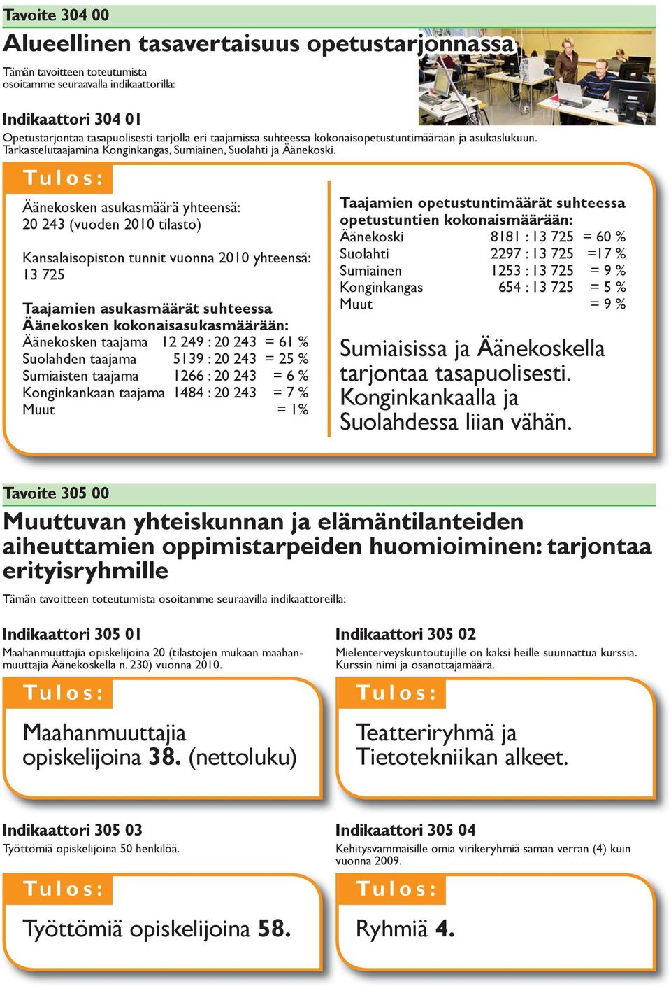 Äänekosken asukasmäärä yhteensä: 20 243 (vuoden 2010 tilasto) Kansalaisopiston tunnit vuonna 2010 yhteensä: 13 725 Taajamien asukasmäärät suhteessa Äänekosken kokonaisasukasmäärään: Äänekosken