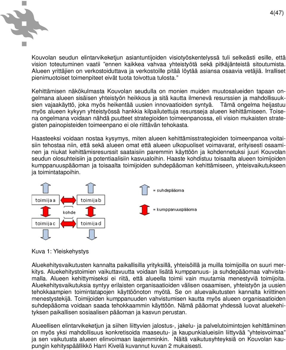 Kehittämisen näkökulmasta Kouvolan seudulla on monien muiden muutosalueiden tapaan ongelmana alueen sisäisen yhteistyön heikkous ja sitä kautta ilmenevä resurssien ja mahdollisuuksien vajaakäyttö,