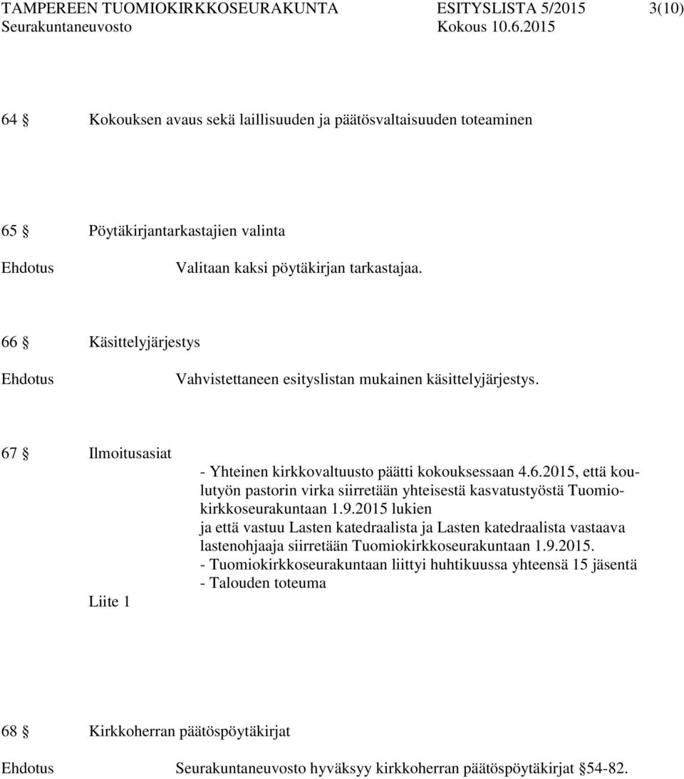 9.2015 lukien ja että vastuu Lasten katedraalista ja Lasten katedraalista vastaava lastenohjaaja siirretään Tuomiokirkkoseurakuntaan 1.9.2015. - Tuomiokirkkoseurakuntaan liittyi huhtikuussa yhteensä 15 jäsentä - Talouden toteuma 68 Kirkkoherran päätöspöytäkirjat Seurakuntaneuvosto hyväksyy kirkkoherran päätöspöytäkirjat 54-82.