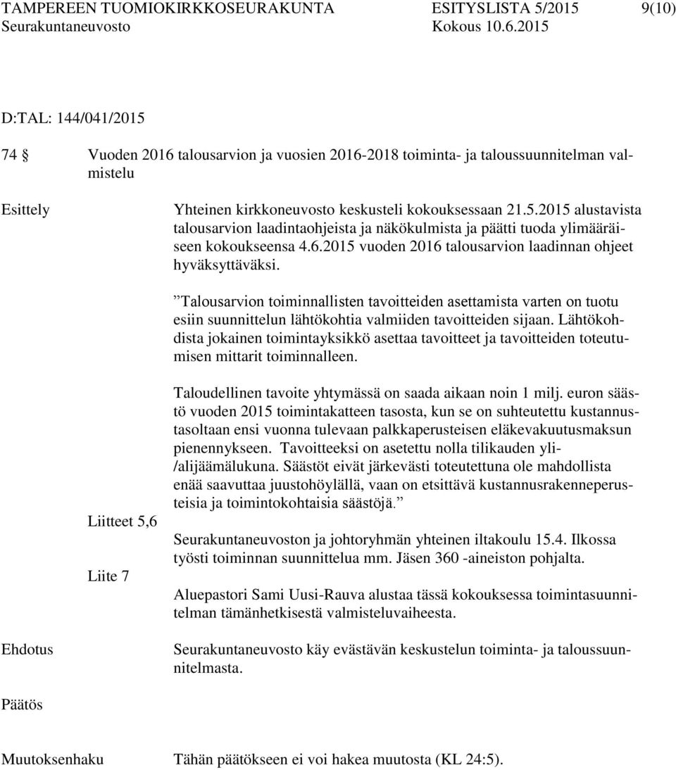 2015 vuoden 2016 talousarvion laadinnan ohjeet hyväksyttäväksi. Talousarvion toiminnallisten tavoitteiden asettamista varten on tuotu esiin suunnittelun lähtökohtia valmiiden tavoitteiden sijaan.