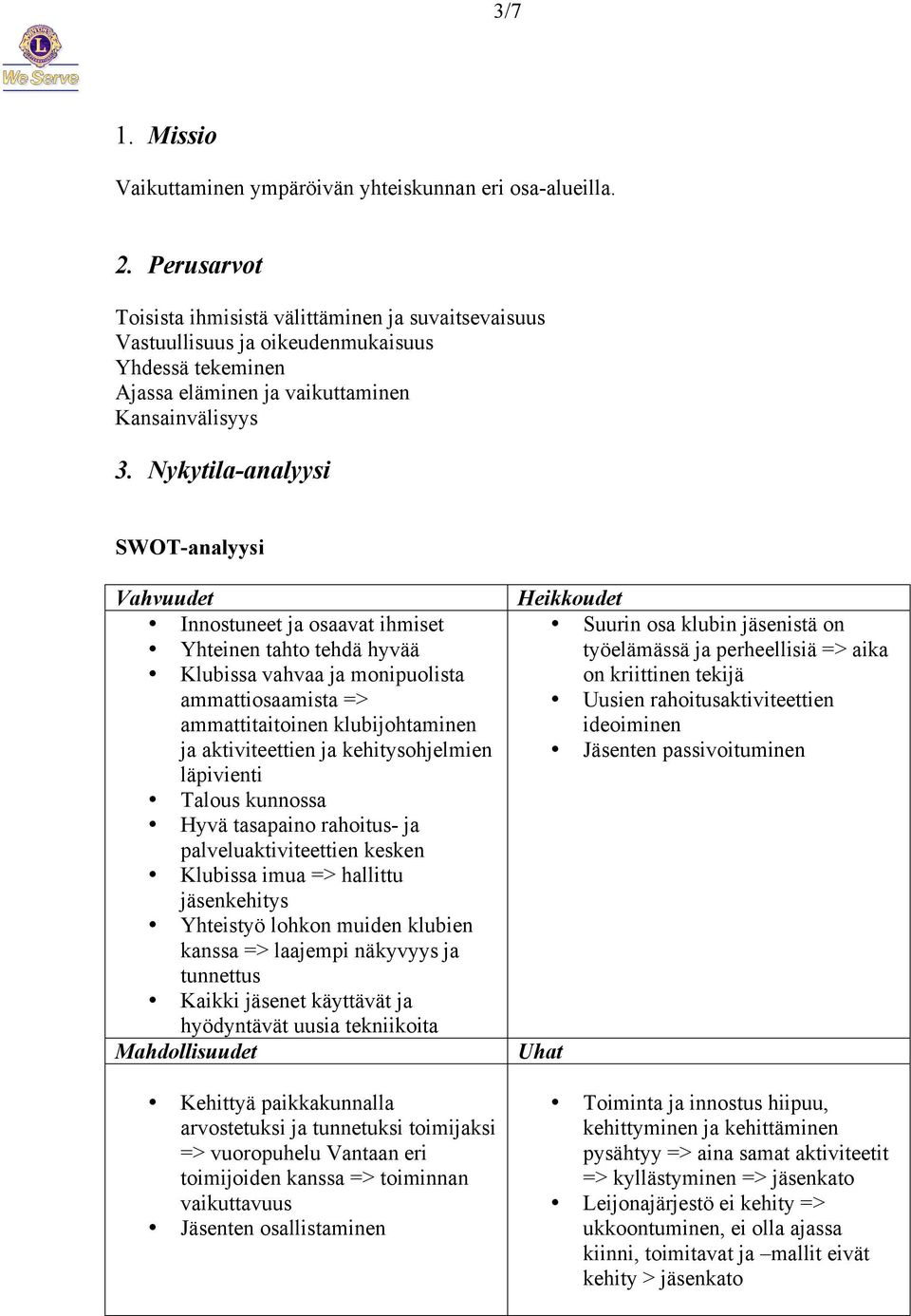 Nykytila-analyysi SWOT-analyysi Vahvuudet Innostuneet ja osaavat ihmiset Yhteinen tahto tehdä hyvää Klubissa vahvaa ja monipuolista ammattiosaamista => ammattitaitoinen klubijohtaminen ja