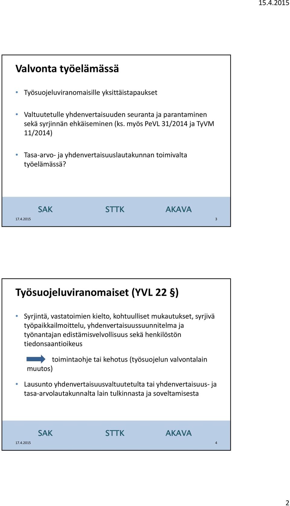 3 Työsuojeluviranomaiset (YVL 22 ) Syrjintä, vastatoimien kielto, kohtuulliset mukautukset, syrjivä työpaikkailmoittelu, yhdenvertaisuussuunnitelma ja työnantajan