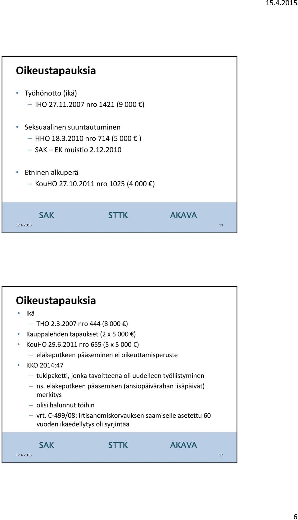 2011 nro 655 (5 x 5 000 ) eläkeputkeen pääseminen ei oikeuttamisperuste KKO 2014:47 tukipaketti, jonka tavoitteena oli uudelleen työllistyminen ns.