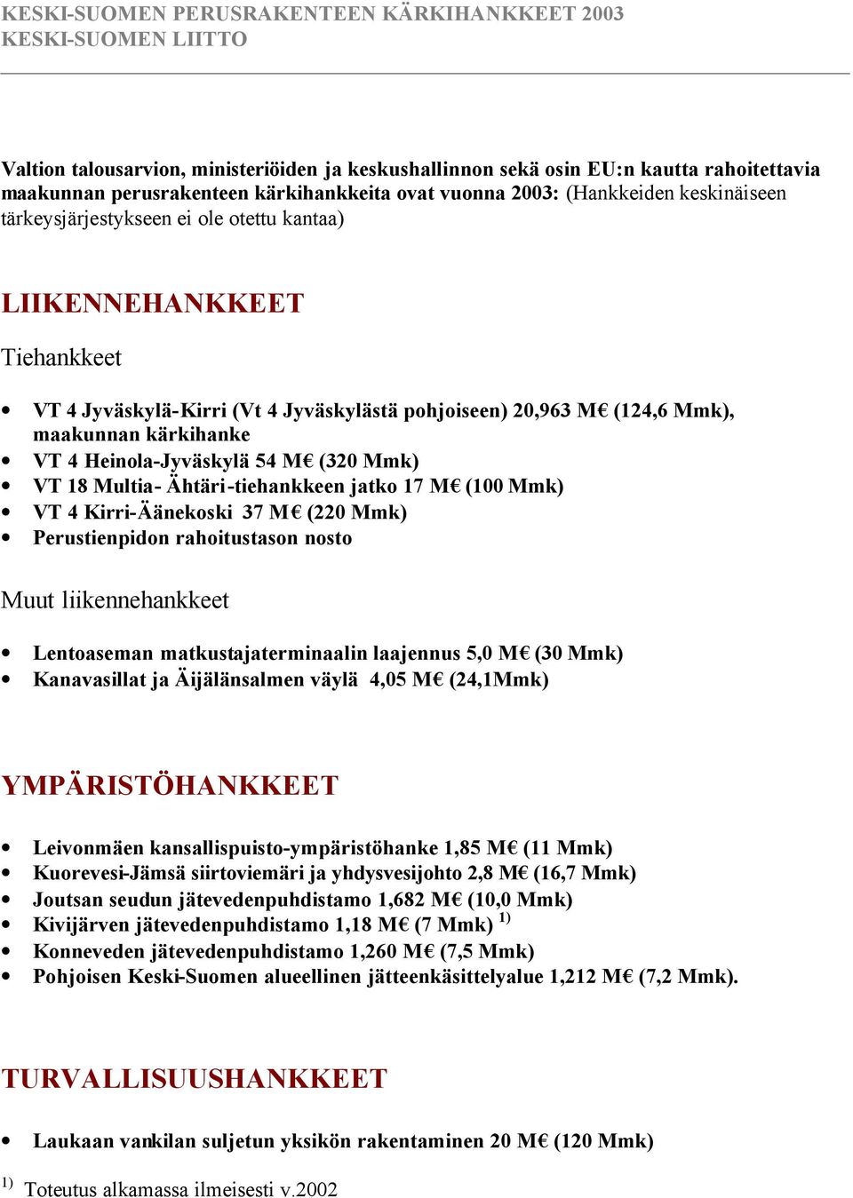 Ähtäri-tiehankkeen jatko 17 M (100 Mmk) VT 4 Kirri-Äänekoski 37 M (220 Mmk) Perustienpidon rahoitustason nosto Muut liikennehankkeet Lentoaseman matkustajaterminaalin laajennus 5,0 M (30 Mmk)