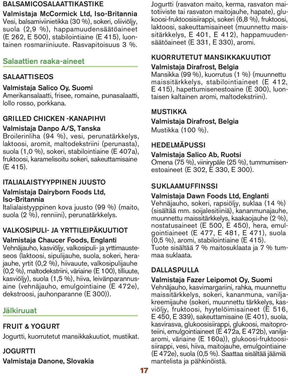 Jogurtti (rasvaton maito, kerma, rasvaton maitotiiviste tai rasvaton maitojauhe, hapate), glukoosi-fruktoosisiirappi, sokeri (6,8 %), fruktoosi, laktoosi, sakeuttamisaineet (muunnettu