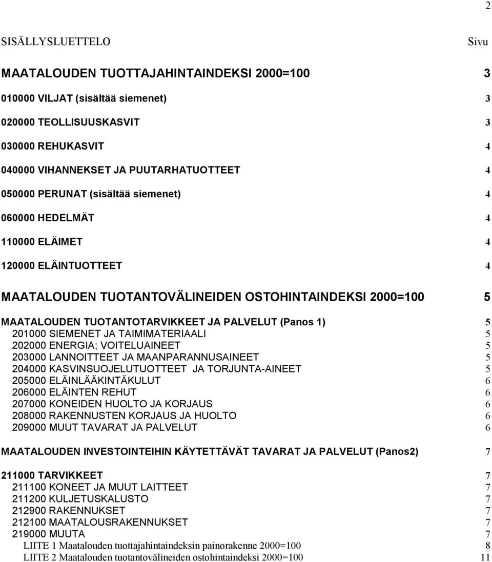 5 201000 SIEMENET JA TAIMIMATERIAALI 5 202000 ENERGIA; VOITELUAINEET 5 203000 LANNOITTEET JA MAANPARANNUSAINEET 5 204000 KASVINSUOJELUTUOTTEET JA TORJUNTA-AINEET 5 205000 ELÄINLÄÄKINTÄKULUT 6 206000