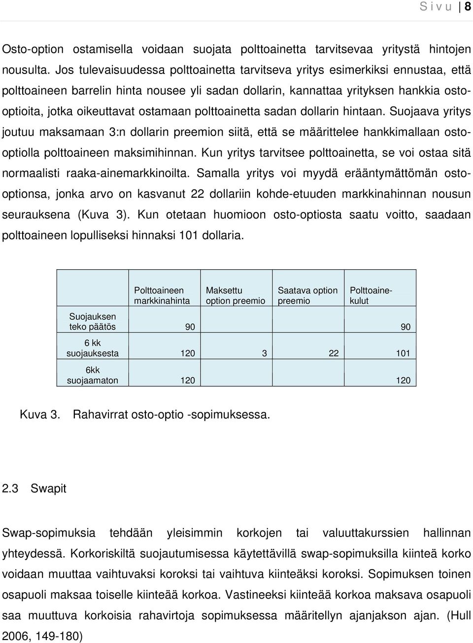 ostamaan polttoainetta sadan dollarin hintaan. Suojaava yritys joutuu maksamaan 3:n dollarin preemion siitä, että se määrittelee hankkimallaan ostooptiolla polttoaineen maksimihinnan.