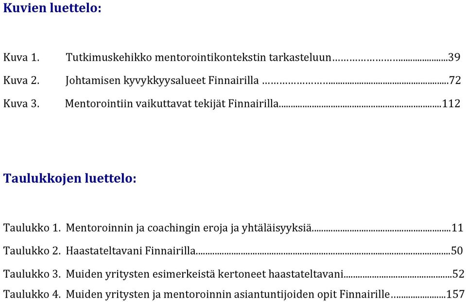 ..112 Taulukkojen luettelo: Taulukko 1. Mentoroinnin ja coachingin eroja ja yhtäläisyyksiä...11 Taulukko 2.