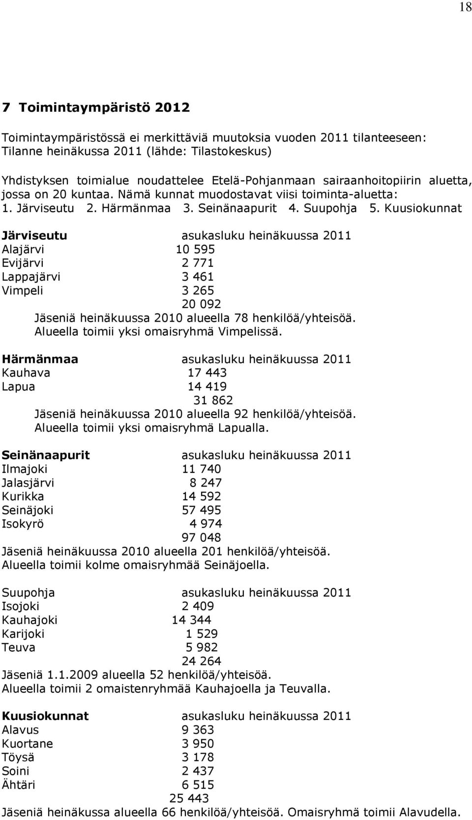 Kuusiokunnat Järviseutu asukasluku heinäkuussa 2011 Alajärvi 10 595 Evijärvi 2 771 Lappajärvi 3 461 Vimpeli 3 265 20 092 Jäseniä heinäkuussa 2010 alueella 78 henkilöä/yhteisöä.