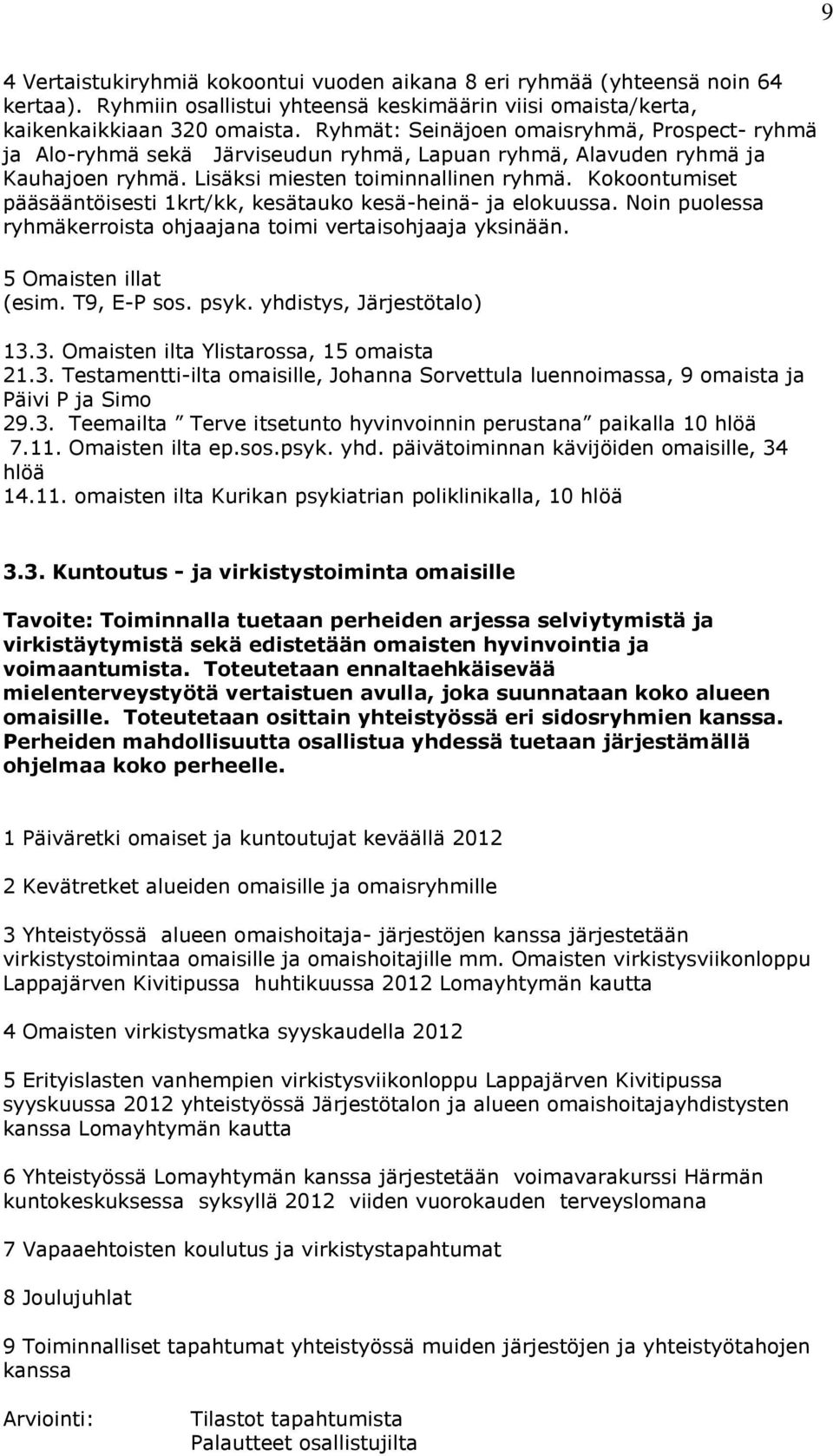 Kokoontumiset pääsääntöisesti 1krt/kk, kesätauko kesä-heinä- ja elokuussa. Noin puolessa ryhmäkerroista ohjaajana toimi vertaisohjaaja yksinään. 5 Omaisten illat (esim. T9, E-P sos. psyk.