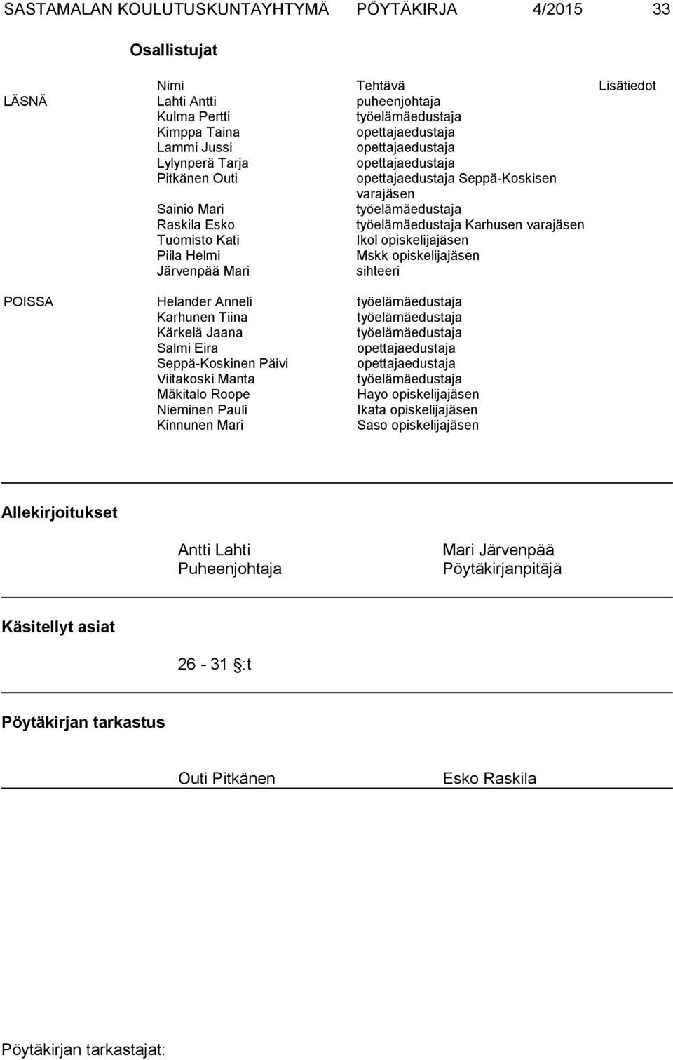 opiskelijajäsen Järvenpää Mari sihteeri POISSA Helander Anneli Karhunen Tiina Kärkelä Jaana Salmi Eira opettajaedustaja Seppä-Koskinen Päivi opettajaedustaja Viitakoski Manta Mäkitalo Roope Hayo