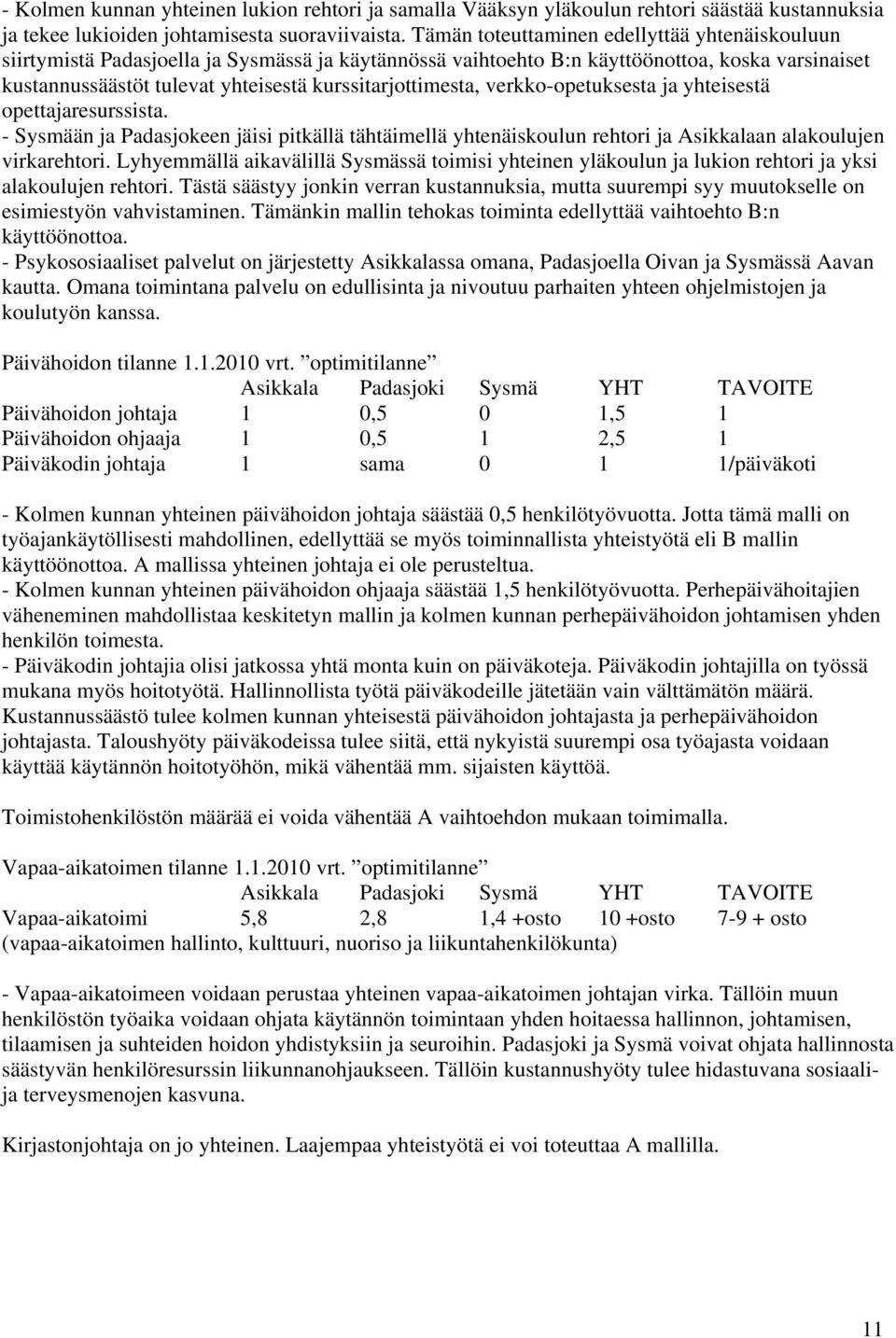 kurssitarjottimesta, verkko-opetuksesta ja yhteisestä opettajaresurssista. - Sysmään ja Padasjokeen jäisi pitkällä tähtäimellä yhtenäiskoulun rehtori ja Asikkalaan alakoulujen virkarehtori.