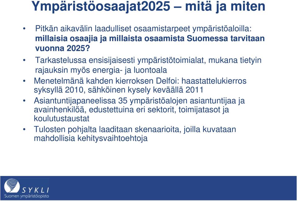 Tarkastelussa ensisijaisesti ympäristötoimialat, mukana tietyin rajauksin myös energia- ja luontoala Menetelmänä kahden kierroksen Delfoi: