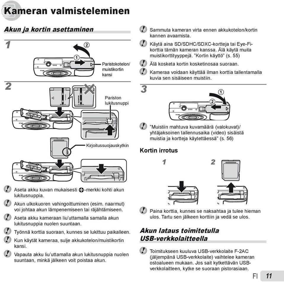 Kameraa voidaan käyttää ilman korttia tallentamalla kuvia sen sisäiseen muistiin.