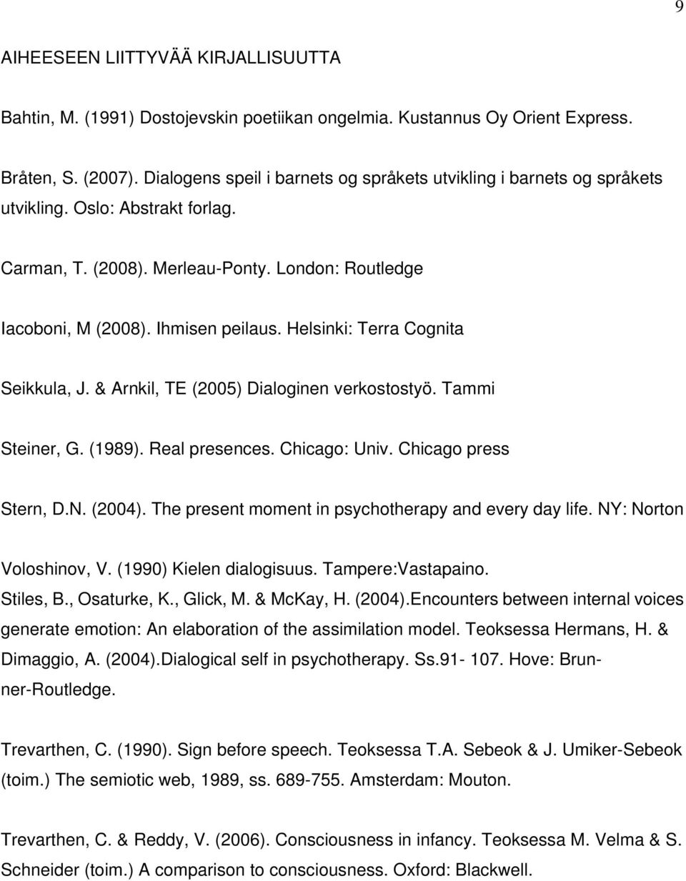 Helsinki: Terra Cognita Seikkula, J. & Arnkil, TE (2005) Dialoginen verkostostyö. Tammi Steiner, G. (1989). Real presences. Chicago: Univ. Chicago press Stern, D.N. (2004).