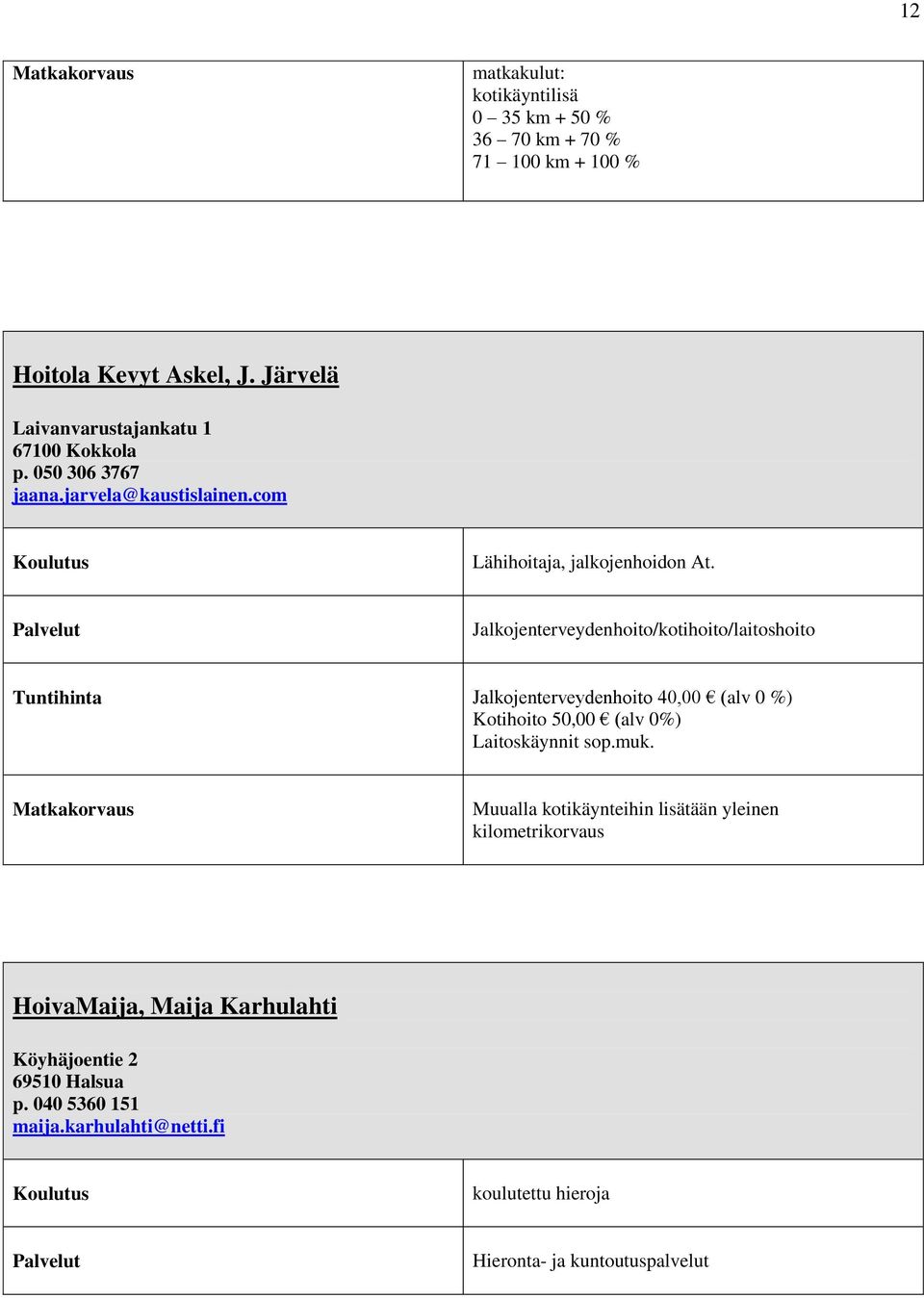 Jalkojenterveydenhoito/kotihoito/laitoshoito Jalkojenterveydenhoito 40,00 (alv 0 %) Kotihoito 50,00 (alv 0%) Laitoskäynnit sop.muk.