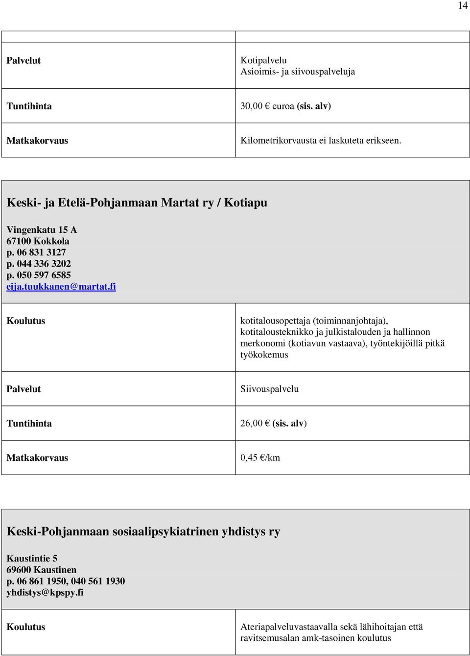 fi kotitalousopettaja (toiminnanjohtaja), kotitalousteknikko ja julkistalouden ja hallinnon merkonomi (kotiavun vastaava), työntekijöillä pitkä työkokemus