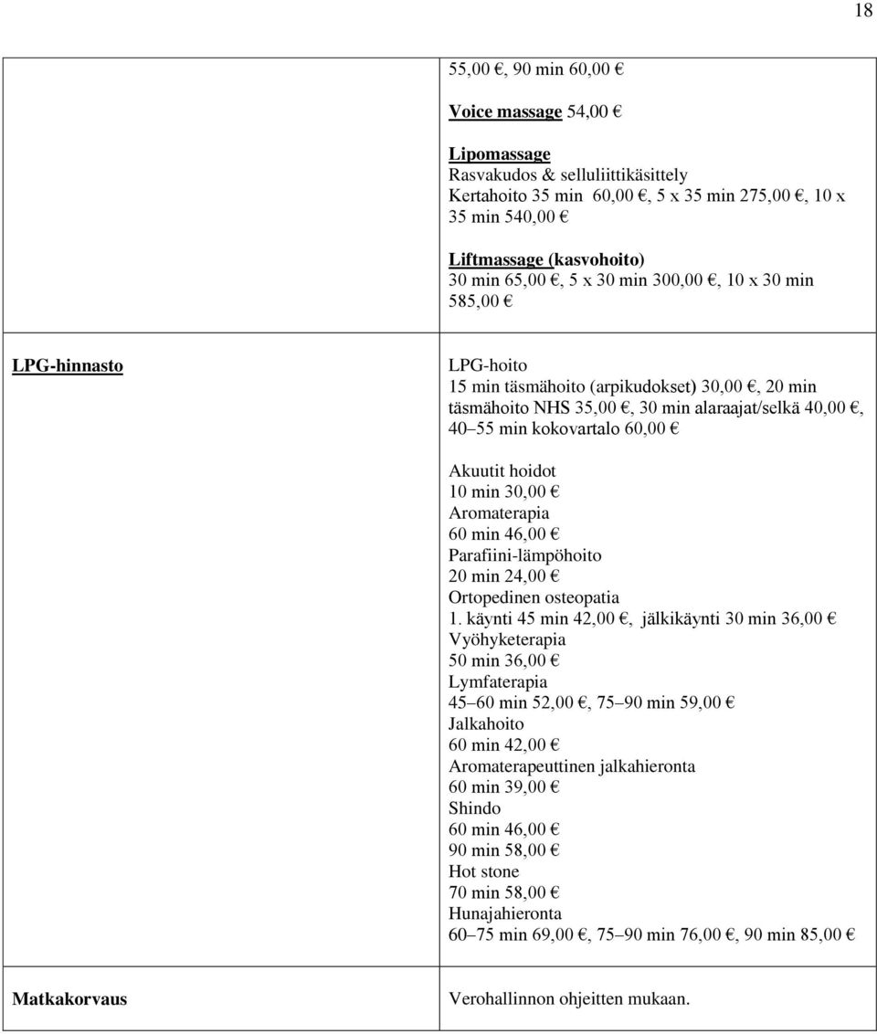 min 30,00 Aromaterapia 60 min 46,00 Parafiini-lämpöhoito 20 min 24,00 Ortopedinen osteopatia 1.