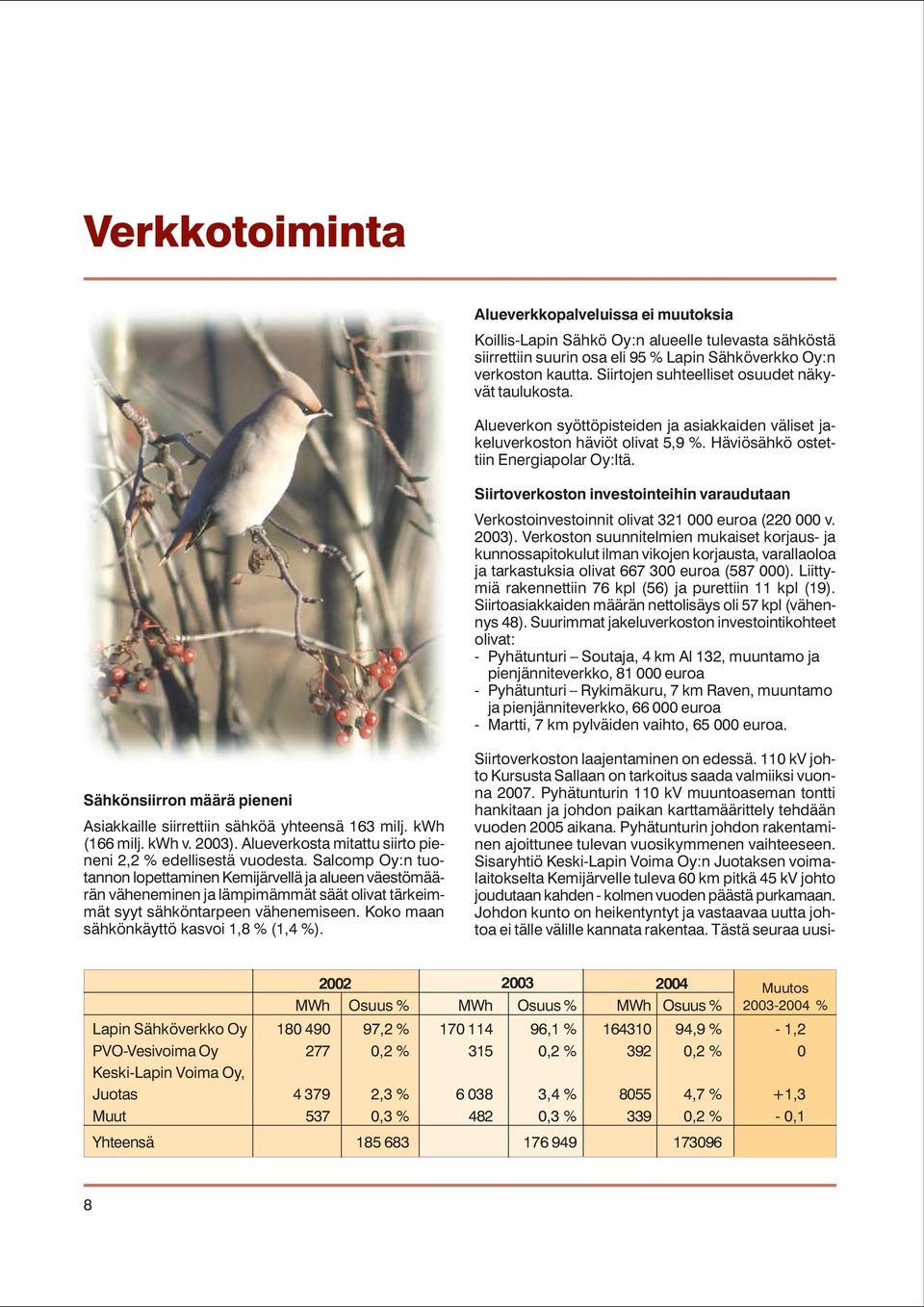 Siirtoverkoston investointeihin varaudutaan Verkostoinvestoinnit olivat 321 000 euroa (220 000 v. 2003).