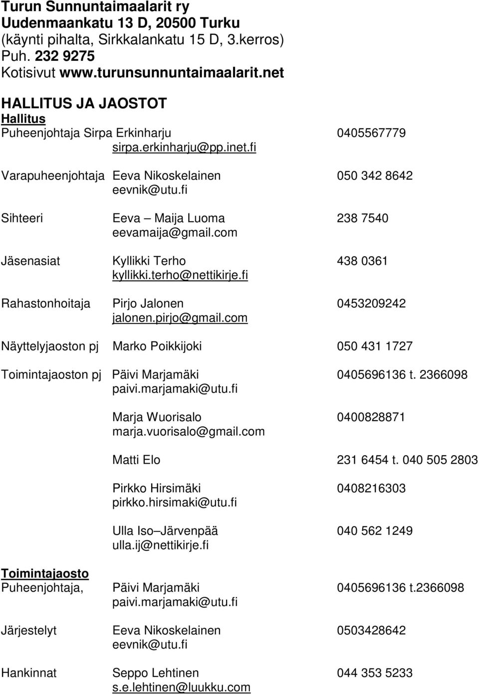 fi Sihteeri Eeva Maija Luoma 238 7540 eevamaija@gmail.com Jäsenasiat Kyllikki Terho 438 0361 kyllikki.terho@nettikirje.fi Rahastonhoitaja Pirjo Jalonen 0453209242 jalonen.pirjo@gmail.