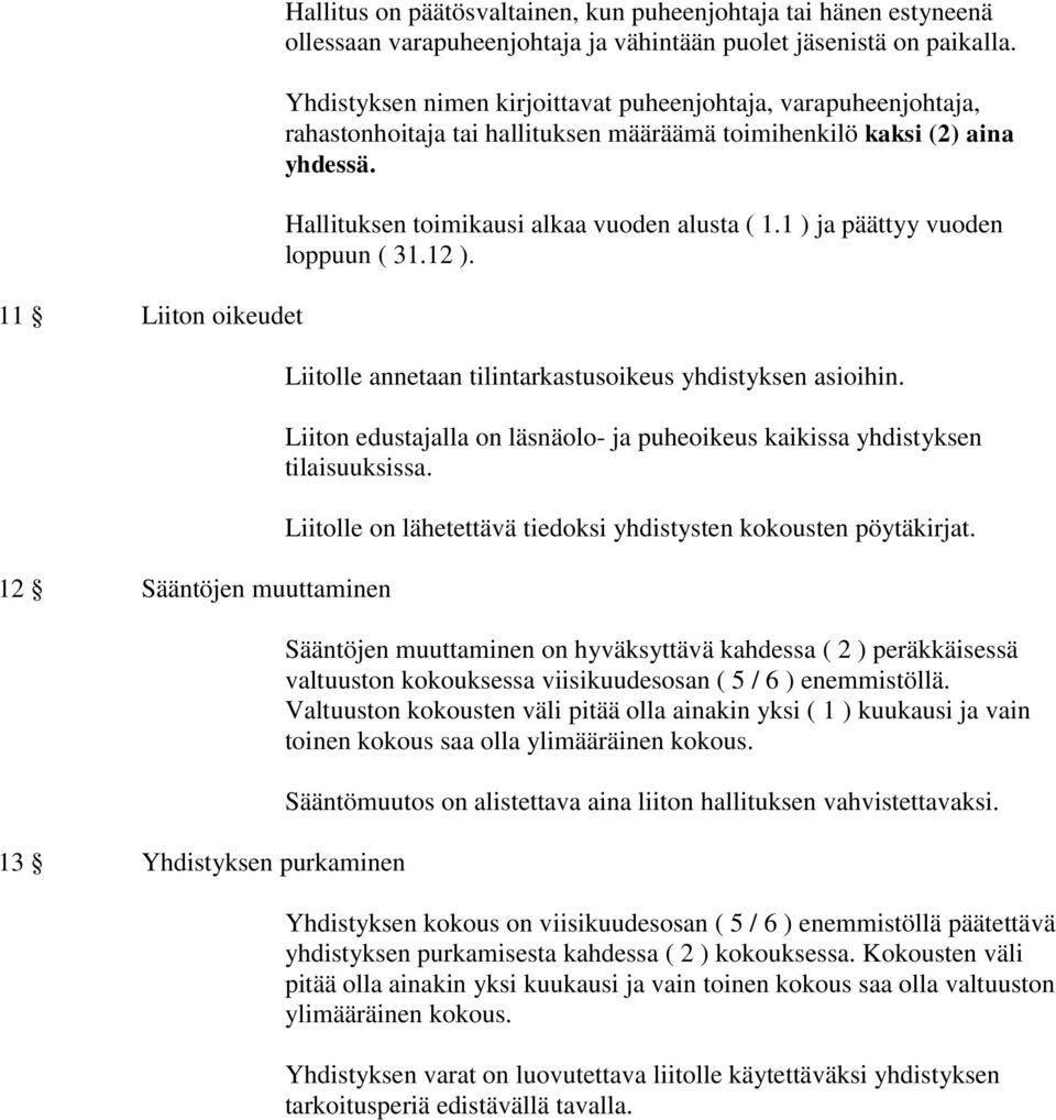 1 ) ja päättyy vuoden loppuun ( 31.12 ). Liitolle annetaan tilintarkastusoikeus yhdistyksen asioihin. Liiton edustajalla on läsnäolo- ja puheoikeus kaikissa yhdistyksen tilaisuuksissa.