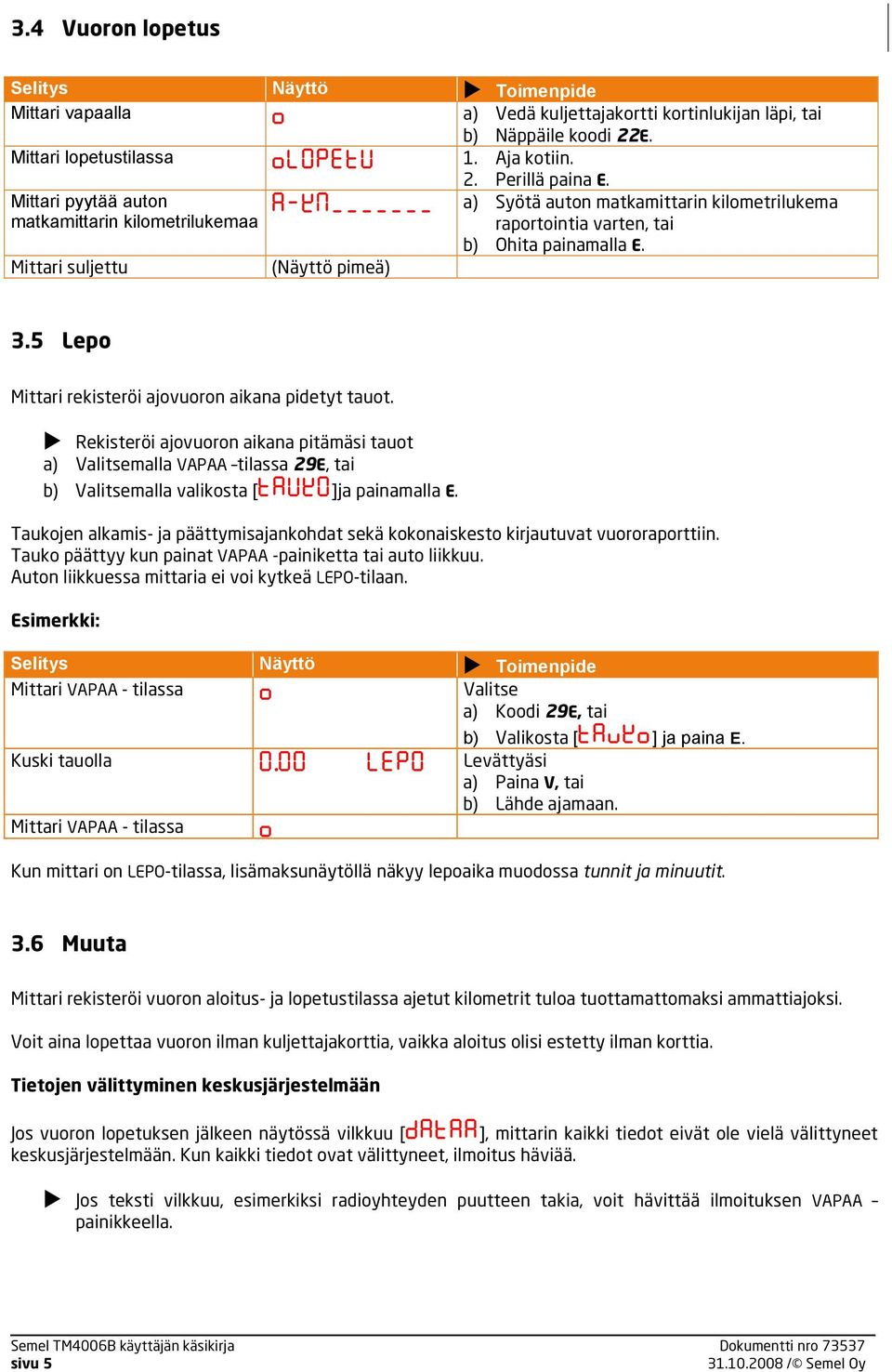 5 Lepo Mittari rekisteröi ajovuoron aikana pidetyt tauot. Rekisteröi ajovuoron aikana pitämäsi tauot a) Valitsemalla VAPAA tilassa 29E, tai b) Valitsemalla valikosta [ ]ja painamalla E.