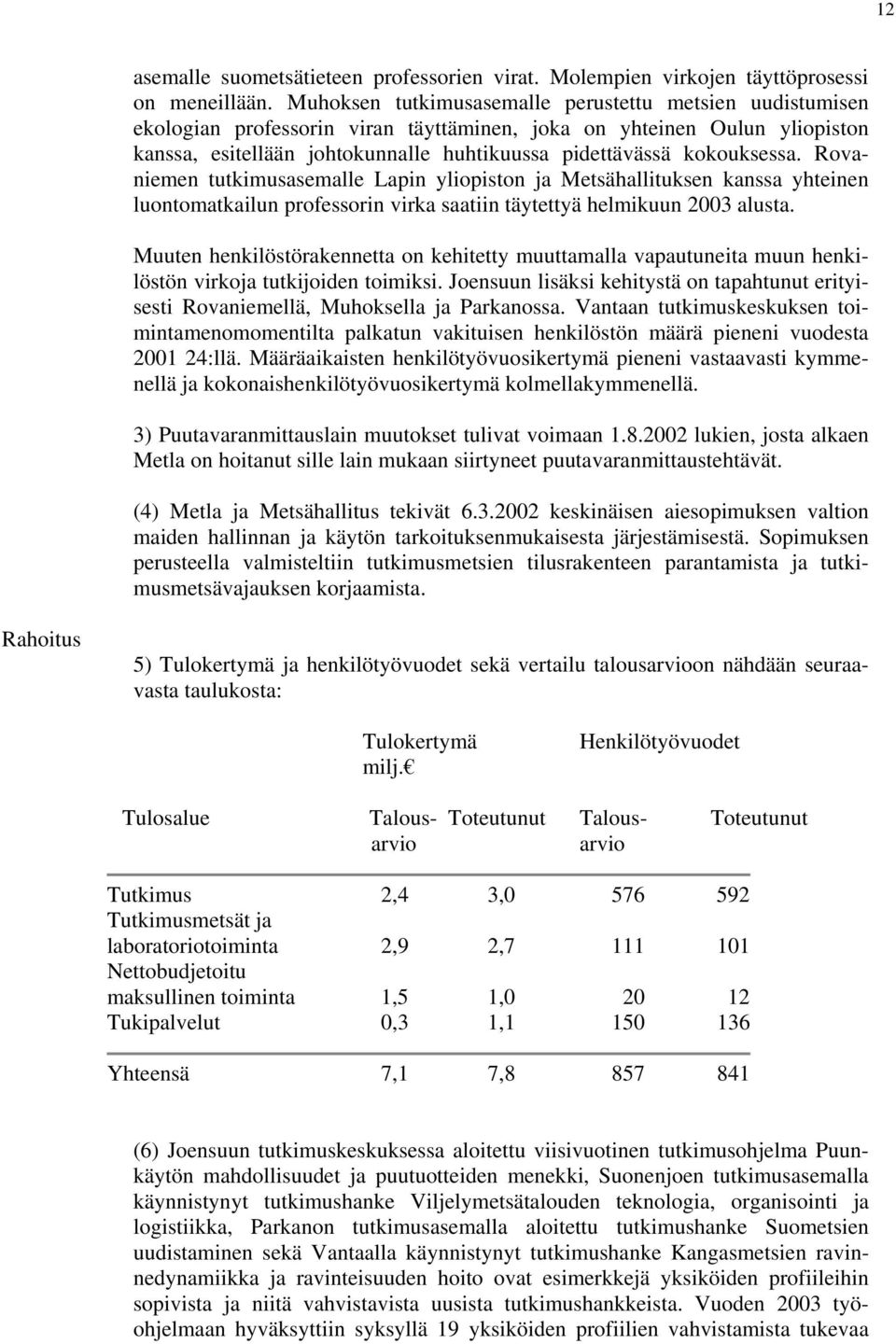 kokouksessa. Rovaniemen tutkimusasemalle Lapin yliopiston ja Metsähallituksen kanssa yhteinen luontomatkailun professorin virka saatiin täytettyä helmikuun 2003 alusta.