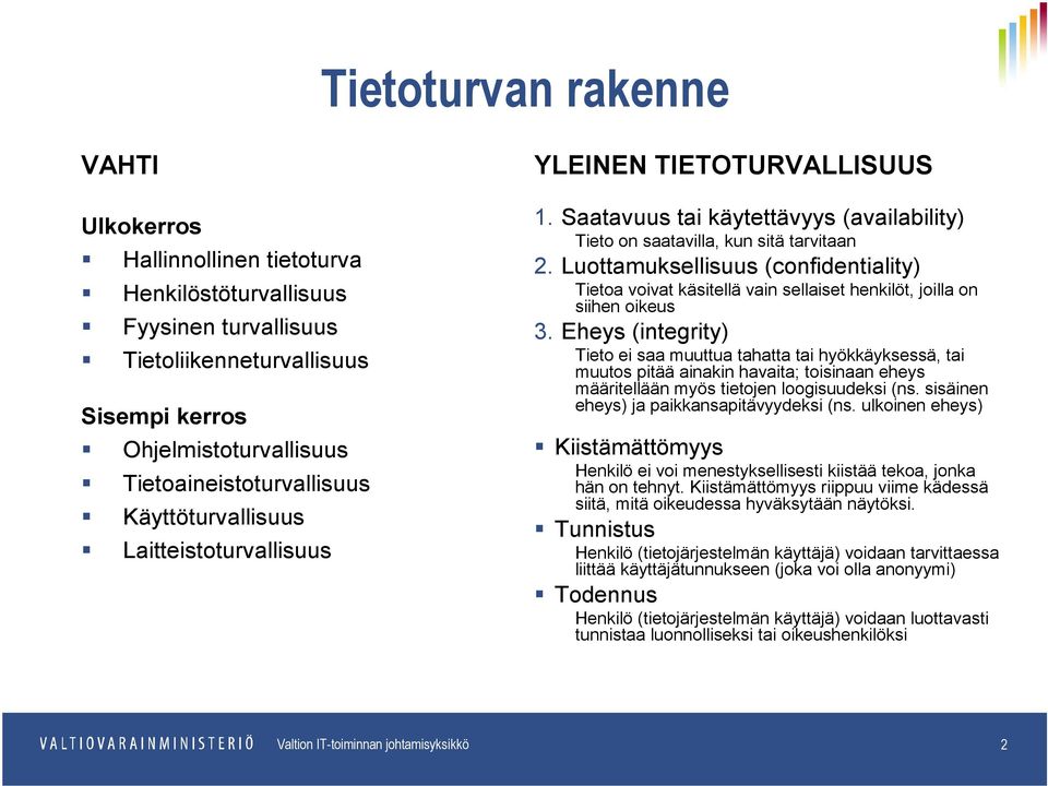 Luottamuksellisuus (confidentiality) Tietoa voivat käsitellä vain sellaiset henkilöt, joilla on siihen oikeus 3.