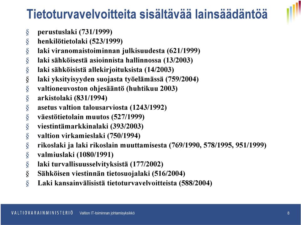 asetus valtion talousarviosta (1243/1992) väestötietolain muutos (527/1999) viestintämarkkinalaki (393/2003) valtion virkamieslaki (750/1994) rikoslaki ja laki rikoslain muuttamisesta