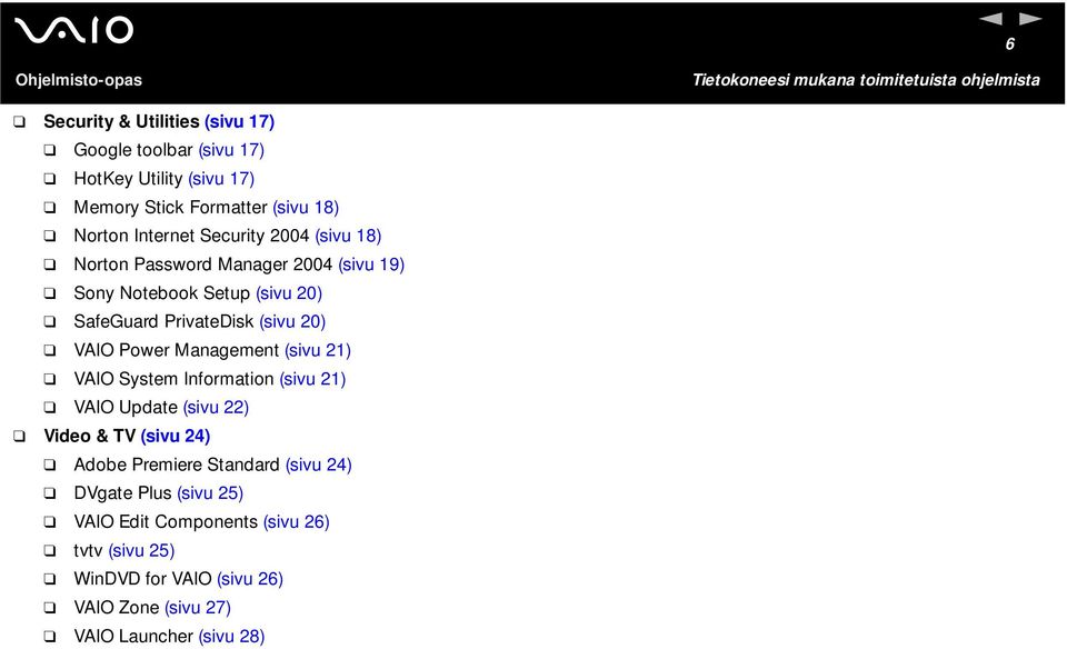 Management (sivu 21) VAIO System Information (sivu 21) VAIO Update (sivu 22) Video & TV (sivu 24) Adobe Premiere Standard (sivu 24)