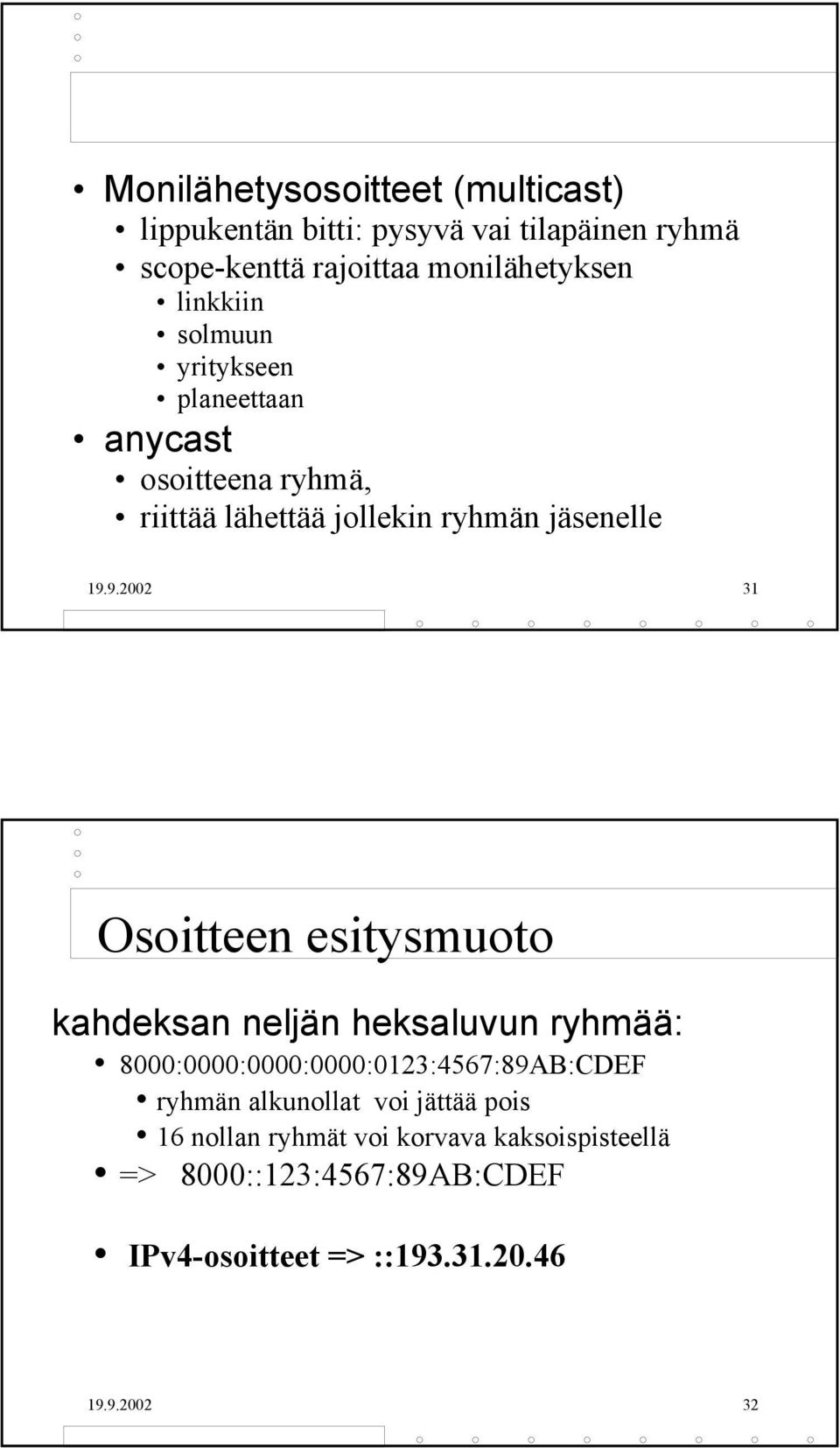 9.2002 31 Osoitteen esitysmuoto kahdeksan neljän heksaluvun ryhmää: 8000:0000:0000:0000:0123:4567:89AB:CDEF ryhmän