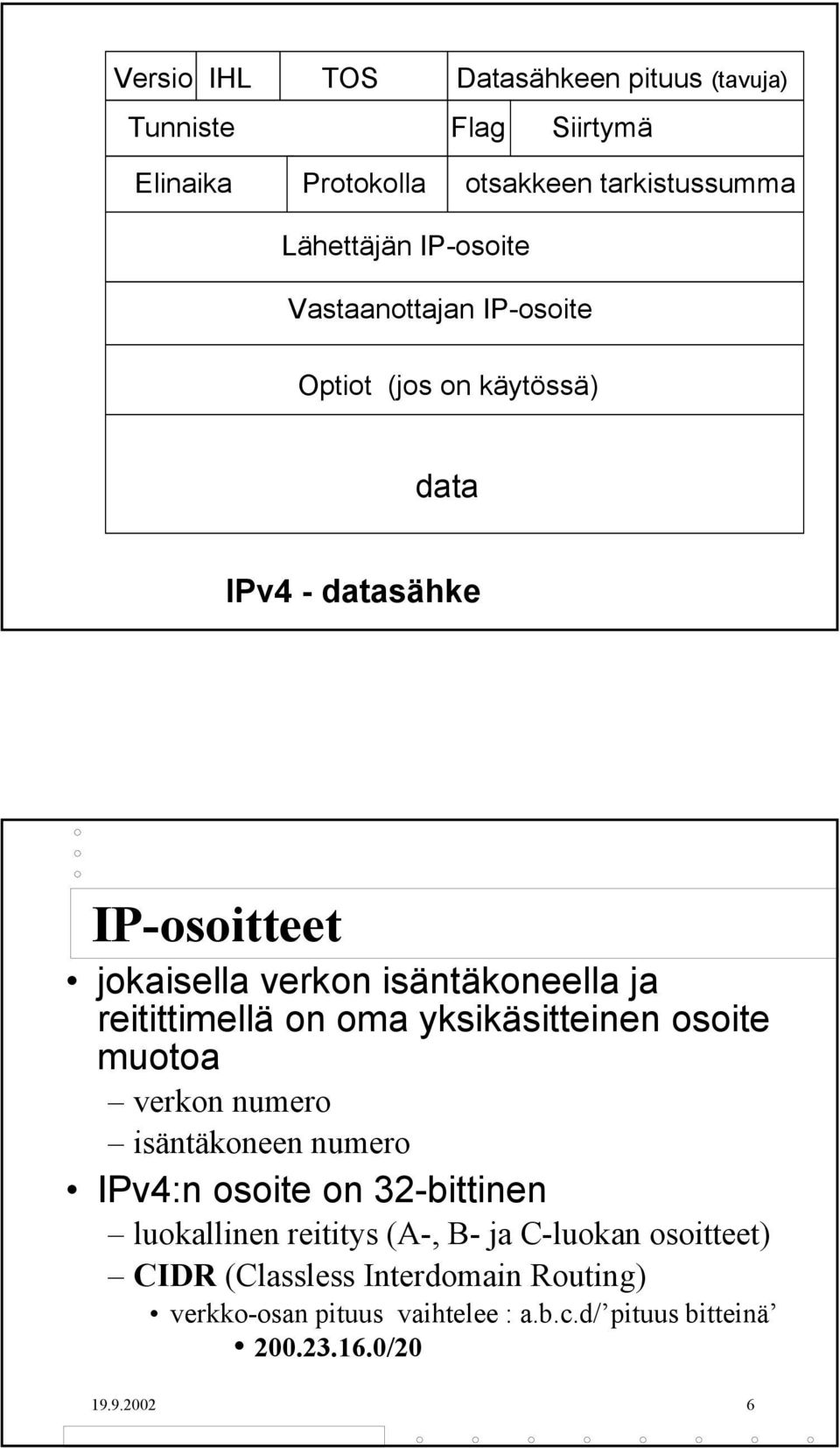 on oma yksikäsitteinen osoite muotoa verkon numero isäntäkoneen numero IPv4:n osoite on 32-bittinen luokallinen reititys (A-, B- ja