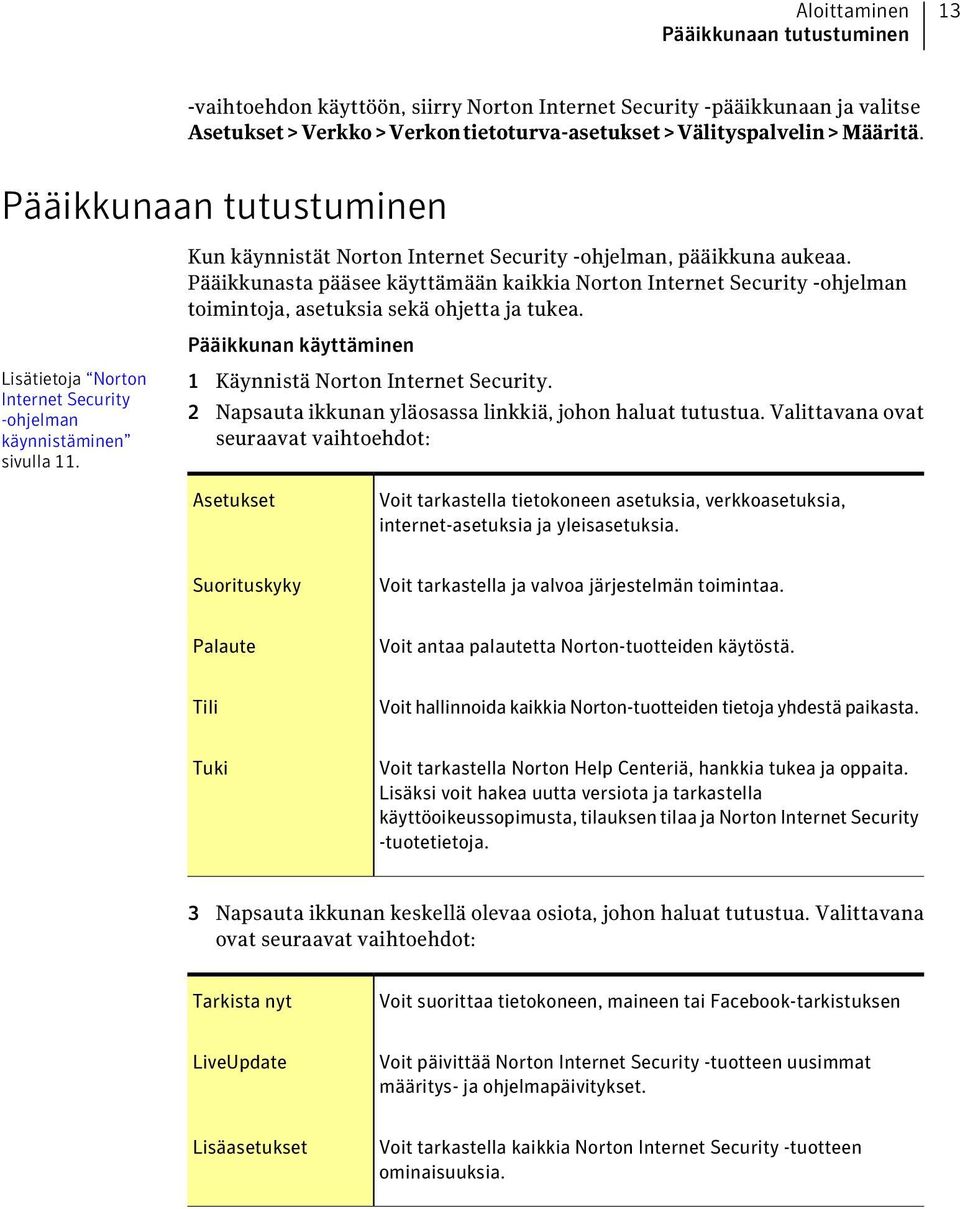 Pääikkunasta pääsee käyttämään kaikkia Norton Internet Security -ohjelman toimintoja, asetuksia sekä ohjetta ja tukea.