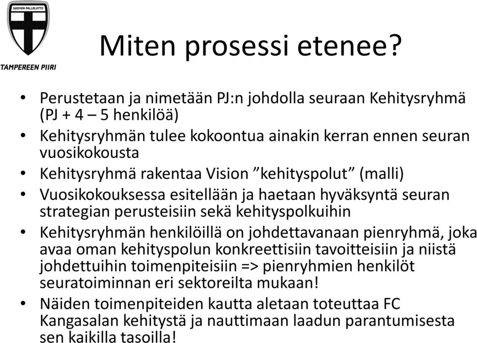 rakentaa Vision kehityspolut (malli) Vuosikokouksessa esitellään ja haetaan hyväksyntä seuran strategian perusteisiin sekä kehityspolkuihin Kehitysryhmän henkilöillä