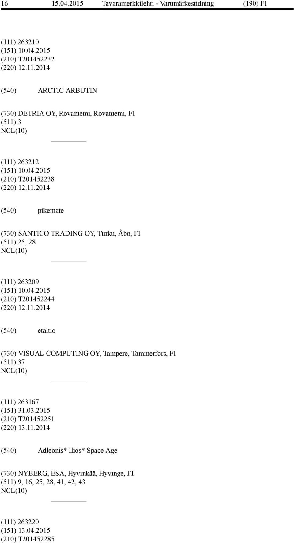 11.2014 etaltio (730) VISUAL COMPUTING OY, Tampere, Tammerfors, FI (511) 37 (111) 263167 (151) 31.03.2015 (210) T201452251 (220) 13.11.2014 Adleonis* Ilios* Space Age (730) NYBERG, ESA, Hyvinkää, Hyvinge, FI (511) 9, 16, 25, 28, 41, 42, 43 (111) 263220 (151) 13.