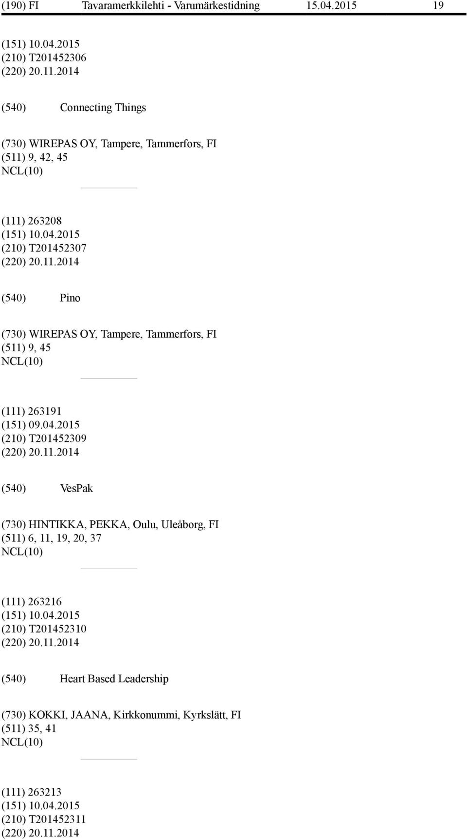 11.2014 VesPak (730) HINTIKKA, PEKKA, Oulu, Uleåborg, FI (511) 6, 11, 19, 20, 37 (111) 263216 (151) 10.04.2015 (210) T201452310 (220) 20.11.2014 Heart Based Leadership (730) KOKKI, JAANA, Kirkkonummi, Kyrkslätt, FI (511) 35, 41 (111) 263213 (151) 10.