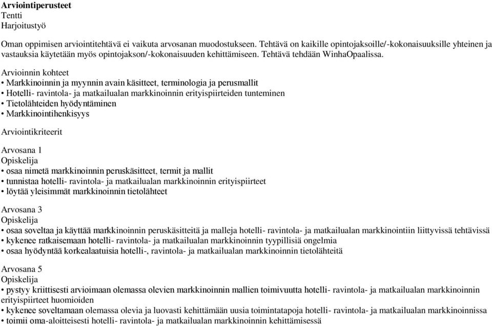 Arvioinnin kohteet Markkinoinnin ja myynnin avain käsitteet, terminologia ja perusmallit Hotelli- ravintola- ja matkailualan markkinoinnin erityispiirteiden tunteminen Tietolähteiden hyödyntäminen