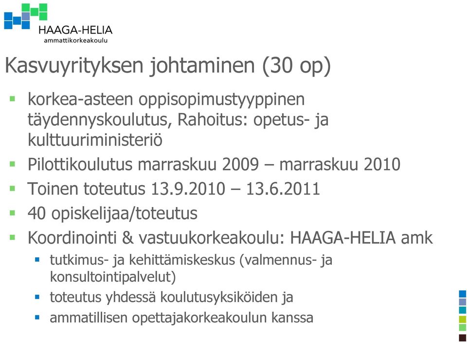 2011 40 opiskelijaa/toteutus Koordinointi & vastuukorkeakoulu: HAAGA-HELIA amk tutkimus- ja