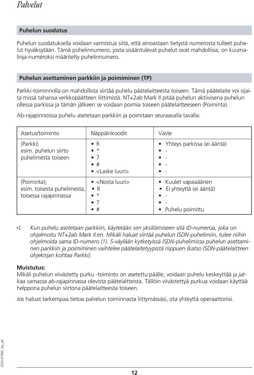 Puhelun asettaminen parkkiin ja poimiminen (TP) Parkki-toiminnolla on mahdollista siirtää puhelu päätelaitteesta toiseen. Tämä päätelaite voi sijaita missä tahansa verkkopäätteen liittimistä.