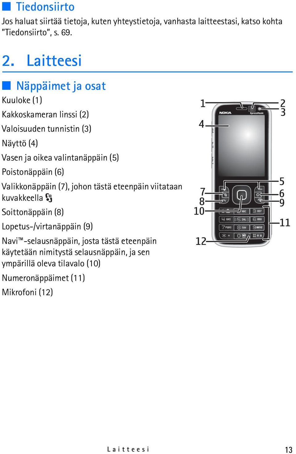 Poistonäppäin (6) Valikkonäppäin (7), johon tästä eteenpäin viitataan kuvakkeella Soittonäppäin (8) Lopetus-/virtanäppäin (9) Navi