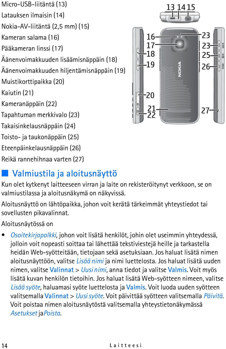 (27) Valmiustila ja aloitusnäyttö Kun olet kytkenyt laitteeseen virran ja laite on rekisteröitynyt verkkoon, se on valmiustilassa ja aloitusnäkymä on näkyvissä.