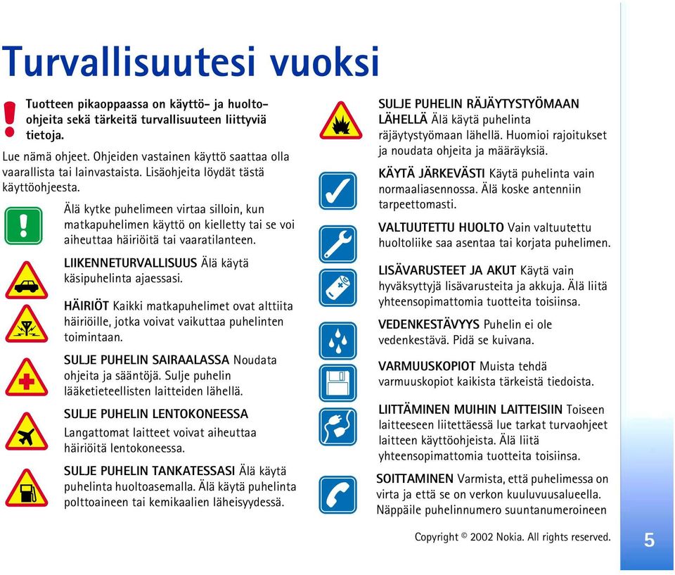 Älä kytke puhelimeen virtaa silloin, kun matkapuhelimen käyttö on kielletty tai se voi aiheuttaa häiriöitä tai vaaratilanteen. LIIKENNETURVALLISUUS Älä käytä käsipuhelinta ajaessasi.