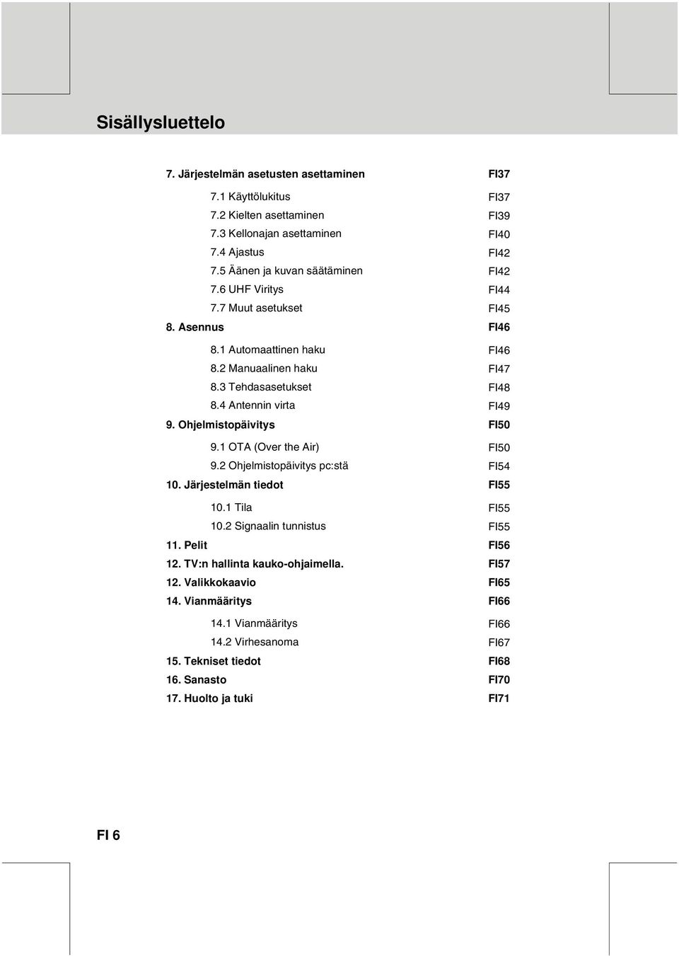 2 Ohjelmistopäivitys pc:stä 10. Järjestelmän tiedot 10.1 Tila 10.2 Signaalin tunnistus FI37 FI37 FI39 FI40 FI42 FI42 FI44 FI45 FI46 FI46 FI47 FI48 FI49 FI50 FI50 FI54 FI55 FI55 FI55 11.