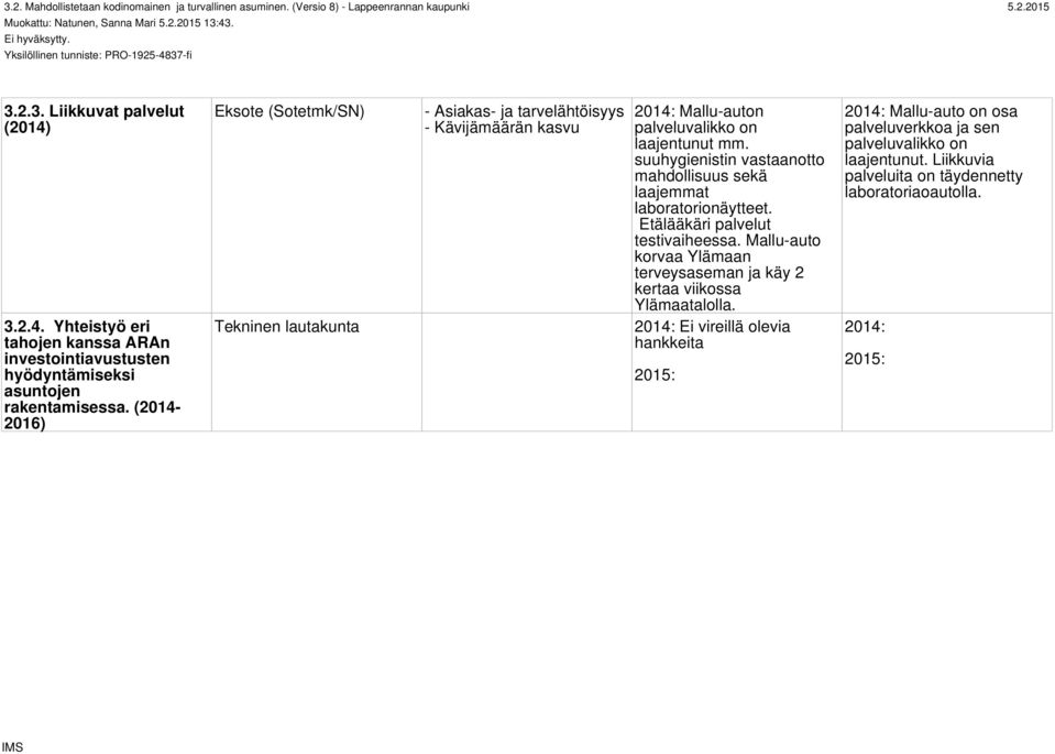 (2014-2016) Tekninen lautakunta - Asiakas- ja tarvelähtöisyys - Kävijämäärän kasvu 2014: Mallu-auton palveluvalikko on laajentunut mm.