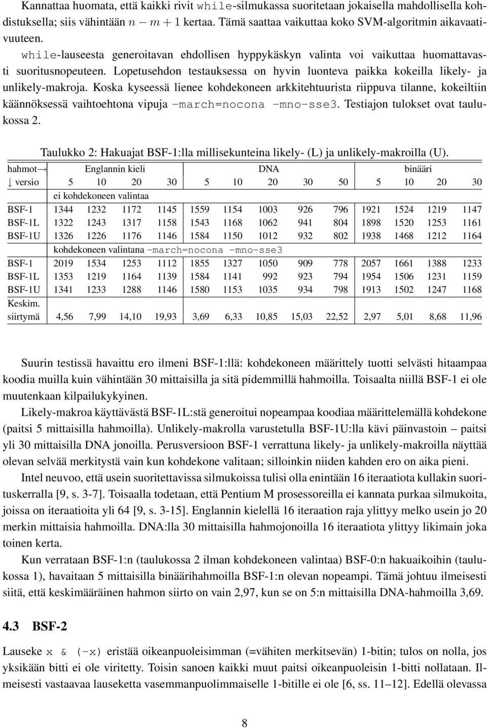 Koska kyseessä lienee kohdekoneen arkkitehtuurista riippuva tilanne, kokeiltiin käännöksessä vaihtoehtona vipuja -march=nocona -mno-sse3. Testiajon tulokset ovat taulukossa 2.